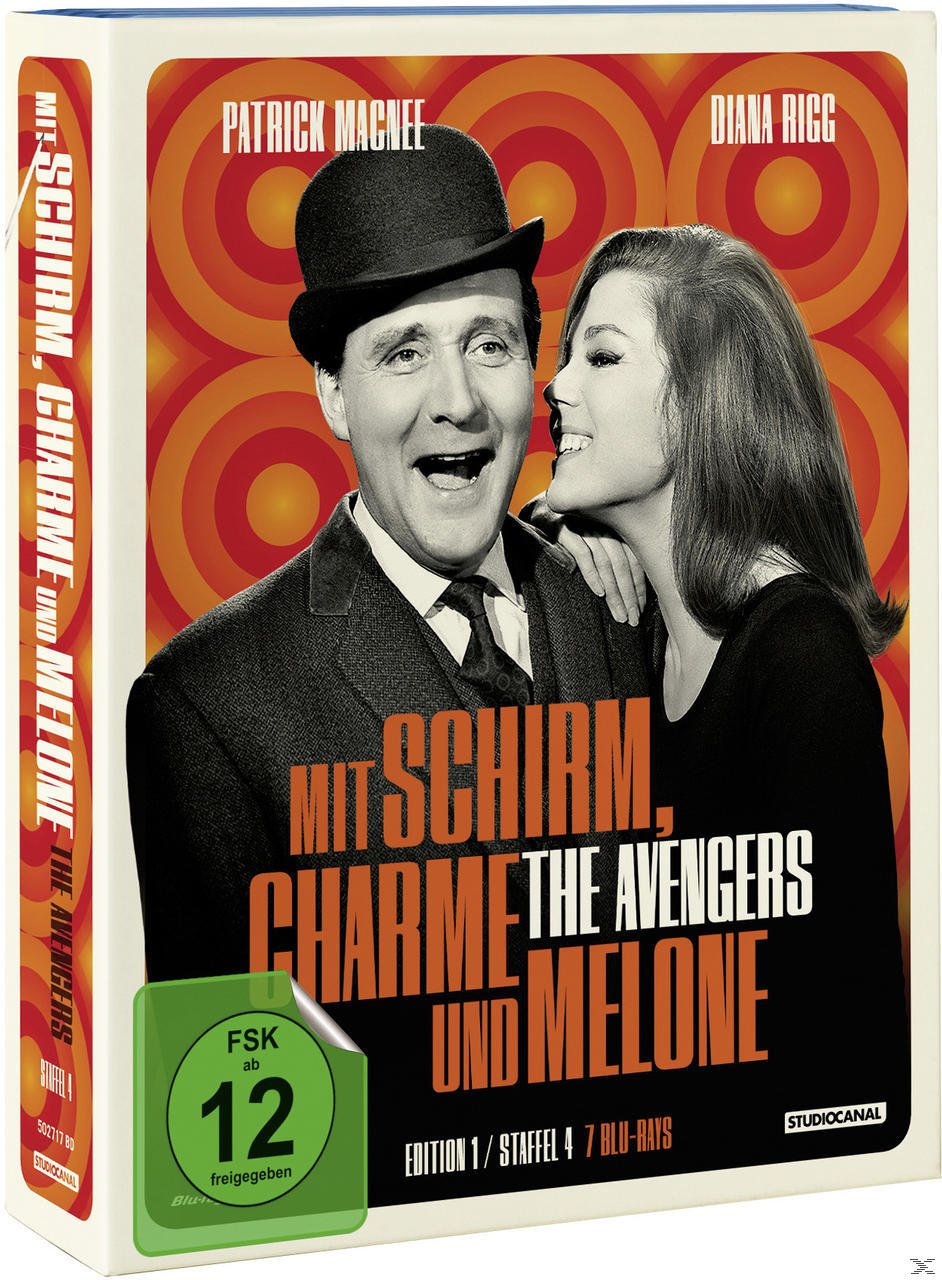 DVD-Cover mit einem Mann, einer Frau und dem Text: 'Mit Schirm, Charme Und Melone'. Retro-Stil.