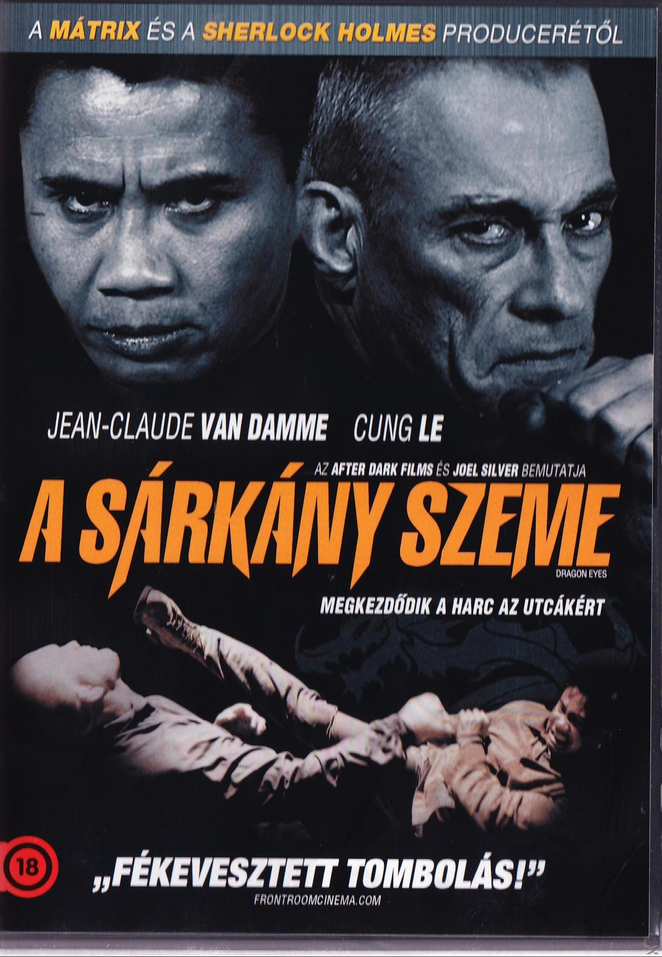 DVD borító: A Sárkány Szeme, két férfi a borítón. Piros és fekete színpaletta.