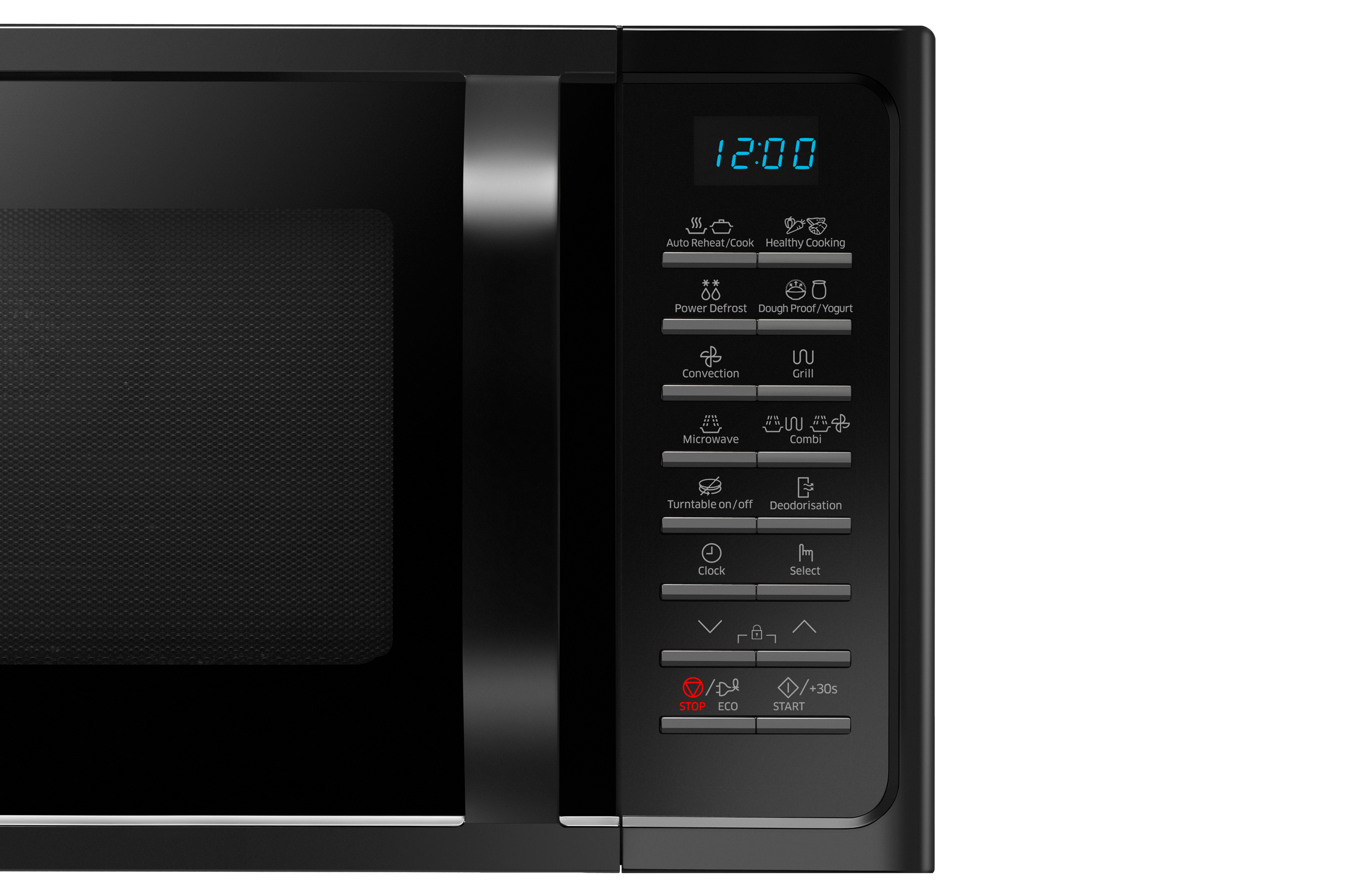 Panneau de commande du micro-ondes avec des boutons. Affiche l'heure et les options comme la cuisson et la décongélation.
