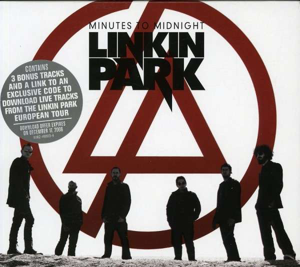 Linkin Park album borítója. A zenekar tagjai állnak, piros háromszög és kör háttér. Cím: Minutes to Midnight.