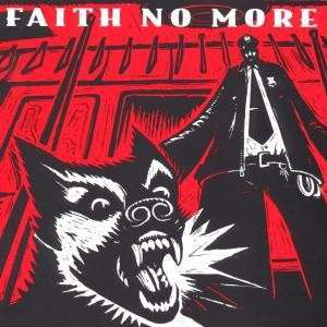 Album borító: Fekete-piros művészet. Egy farkas-kutya feje és egy kabátos férfi. Szöveg: Faith No More.