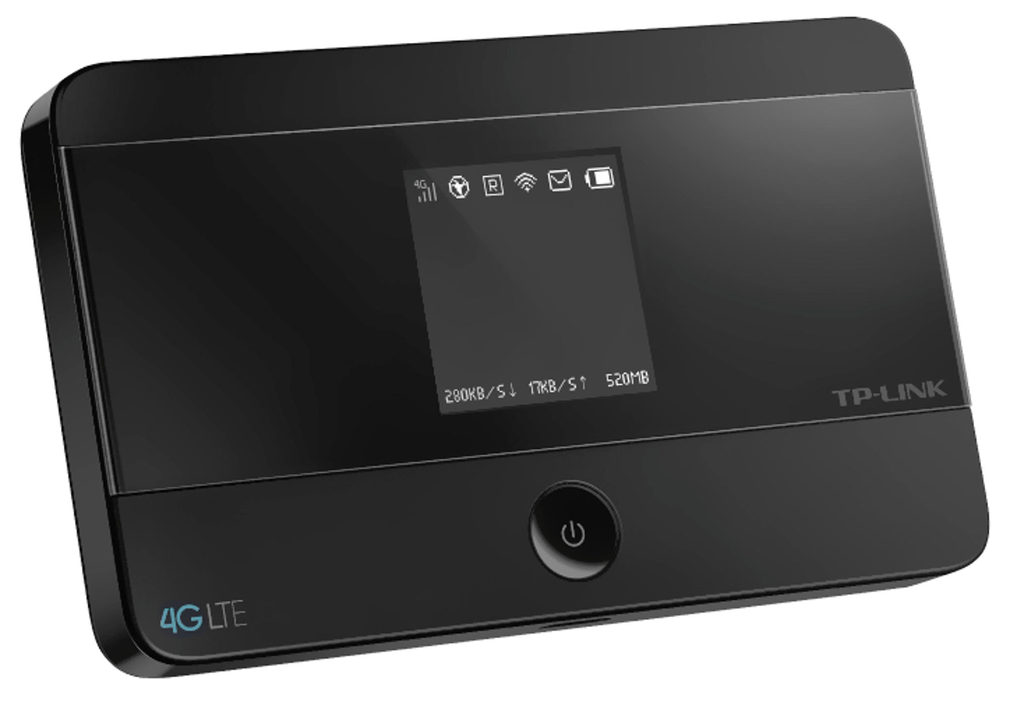 Czarny i srebrny mobilny router Wi-Fi TP-Link 4G LTE z ekranem.