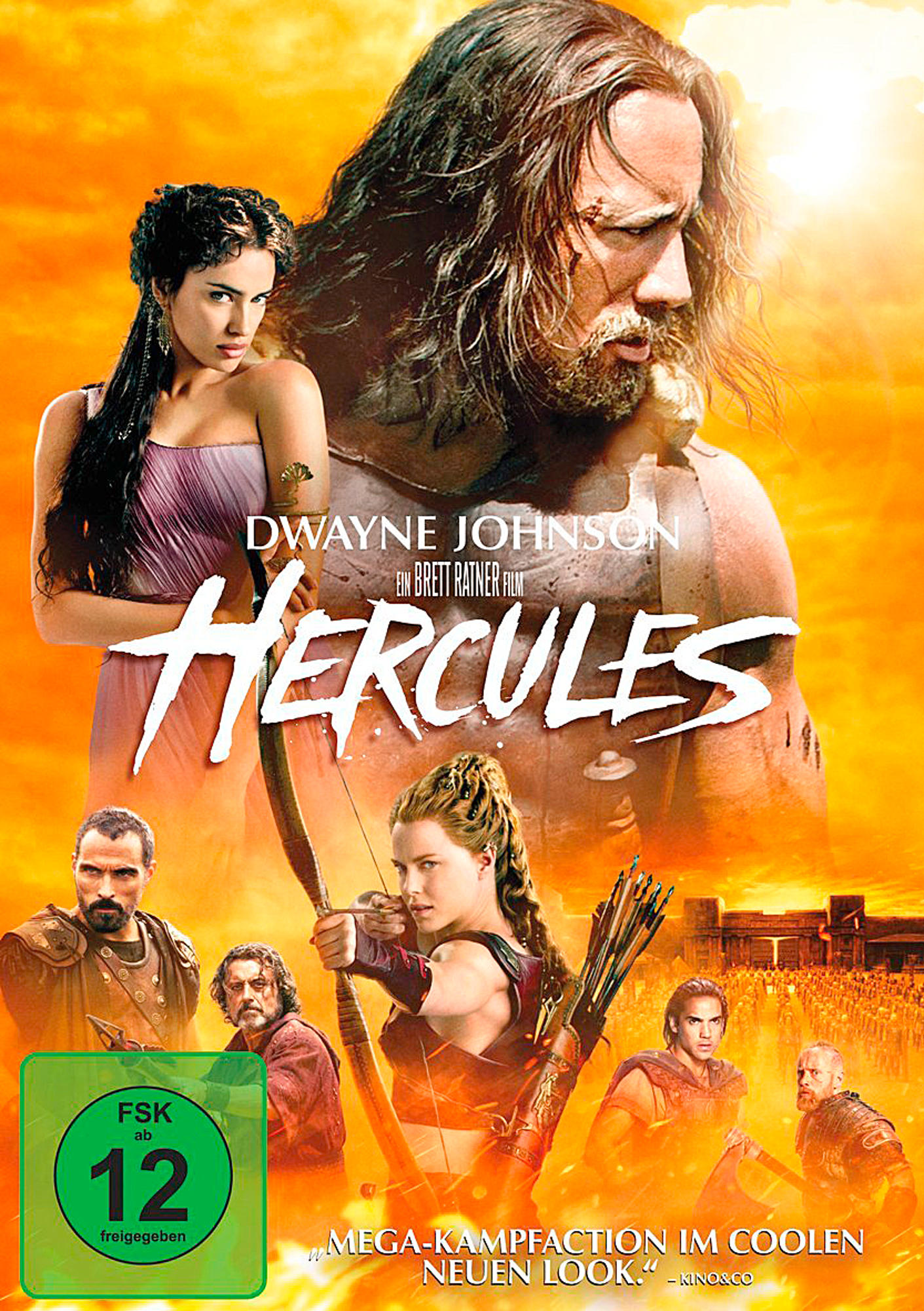 Hercules DVD-Cover. Enthält Dwayne Johnson und andere Schauspieler. Eine Kampfszene mit einem grünen Rating-Label.