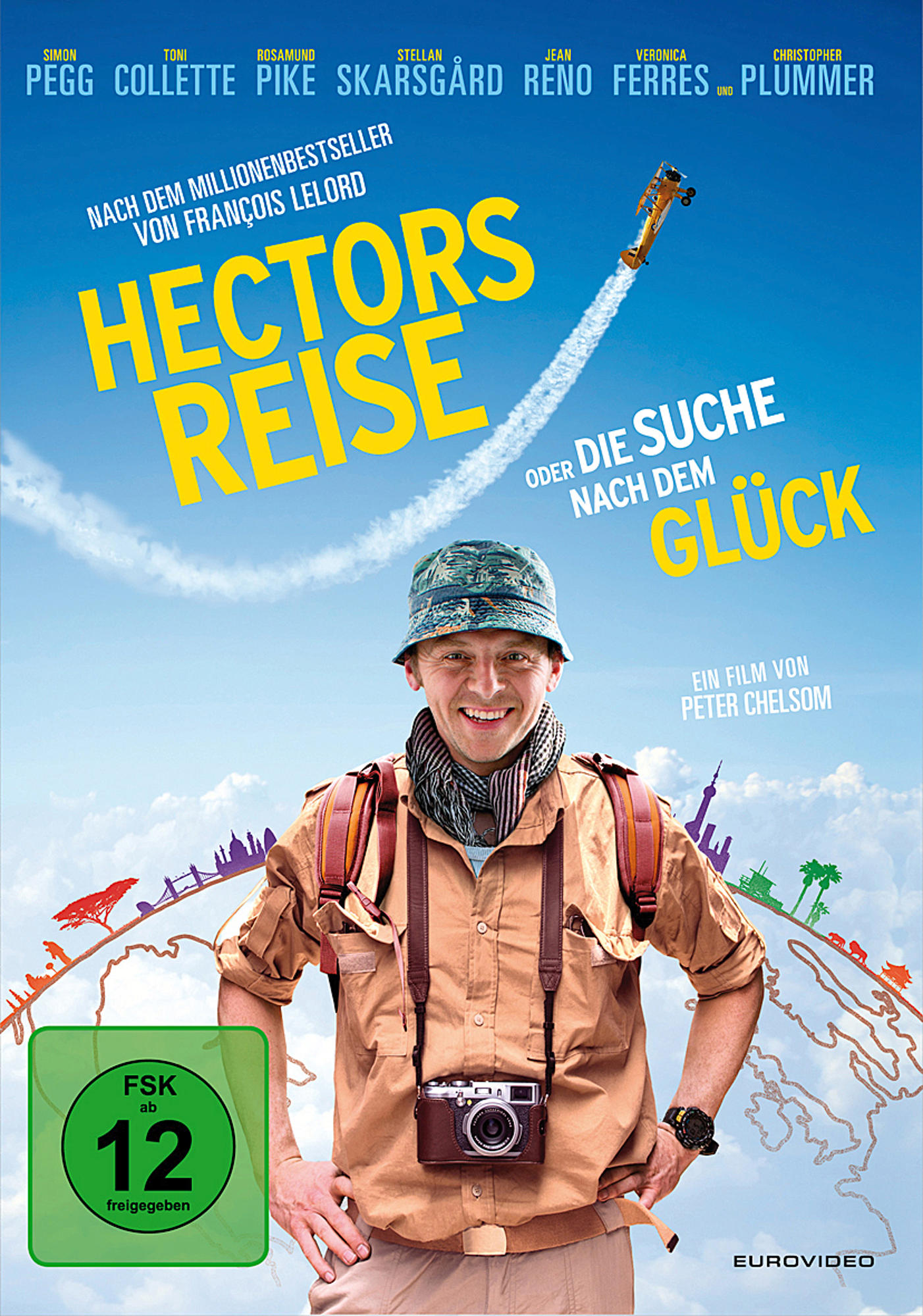 Filmposter. Ein Mann mit Hut und Kamera lächelt, im Hintergrund ein Flugzeug.