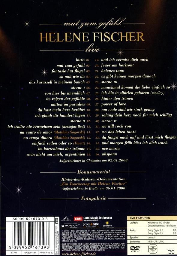 CD-Cover mit dem Titel "Helene Fischer live" und einer Trackliste auf der Rückseite. Der Hintergrund ist schwarz und gelb.