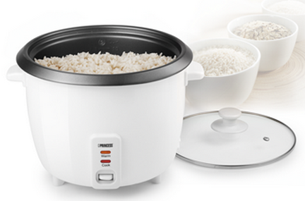A white rice cooker with cooked rice and bowls of rice, with a transparent lid.