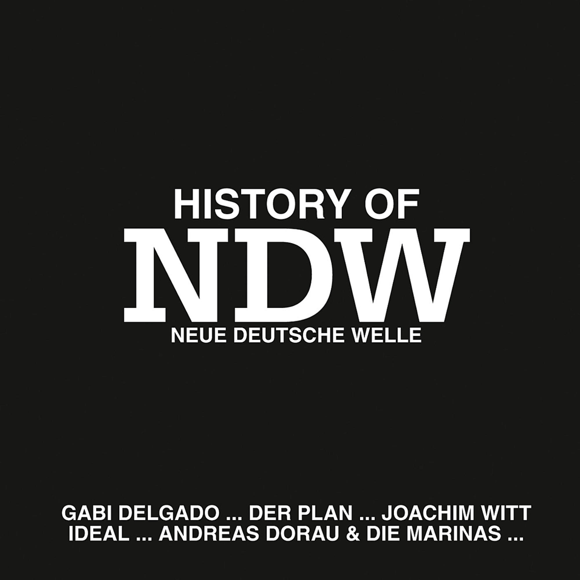 Schwarz-Weiß-Text auf schwarzem Hintergrund: 'HISTORY OF NDW NEUE DEUTSCHE WELLE'.