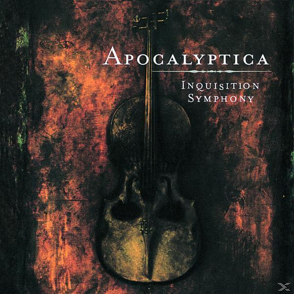 Apocalyptica-Albumcover. Cello in der Mitte. Roter und brauner Hintergrund. Text: Inquisition Symphony.