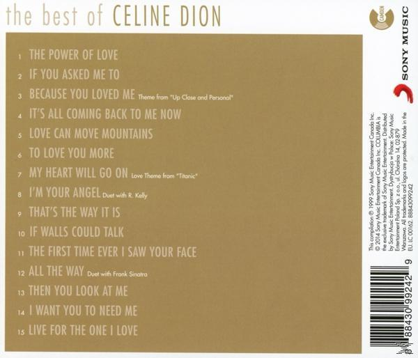 CD-Cover: The Best of Celine Dion. Titelliste und Sony Music Logo. Goldener Hintergrund.