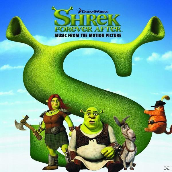 Shrek Forever After album borítója. Shrek és más karakterek egy nagy zöld S előtt.