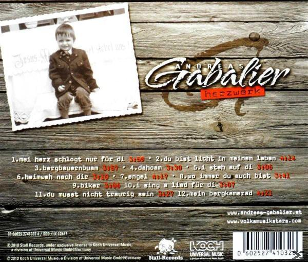 CD-Cover von Andreas Gabaliers Herzwerk-Album mit Kinderfoto auf Holzgrund.