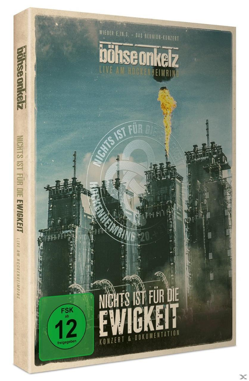 DVD-Cover: Böhse Onkelz, Live am Hockenheimring, mit Industriegebäuden und Flammen.