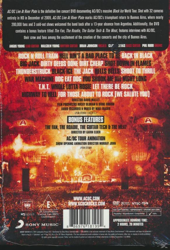DVD-Cover. Live-Konzert von AC/DC. Bandmitglieder und Bühne im Hintergrund.