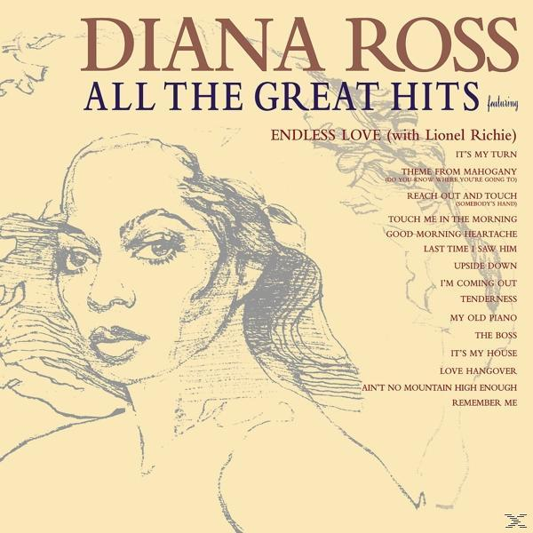 Albumcover für Diana Ross' 'All The Great Hits', mit ihrem Porträt und Titelliste.