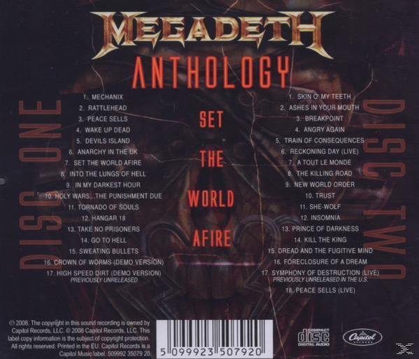 CD-Cover, Megadeth Anthology, Titelliste auf dunklem Hintergrund.