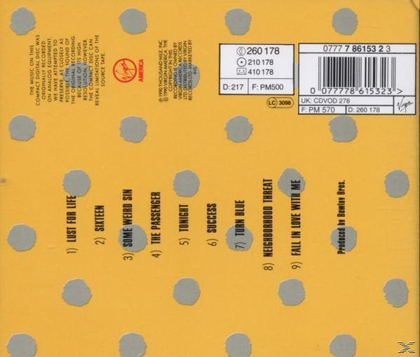 CD-Cover mit Titelliste, gelbem Hintergrund und grauen Punkten. Virgin America Logo und Barcode.