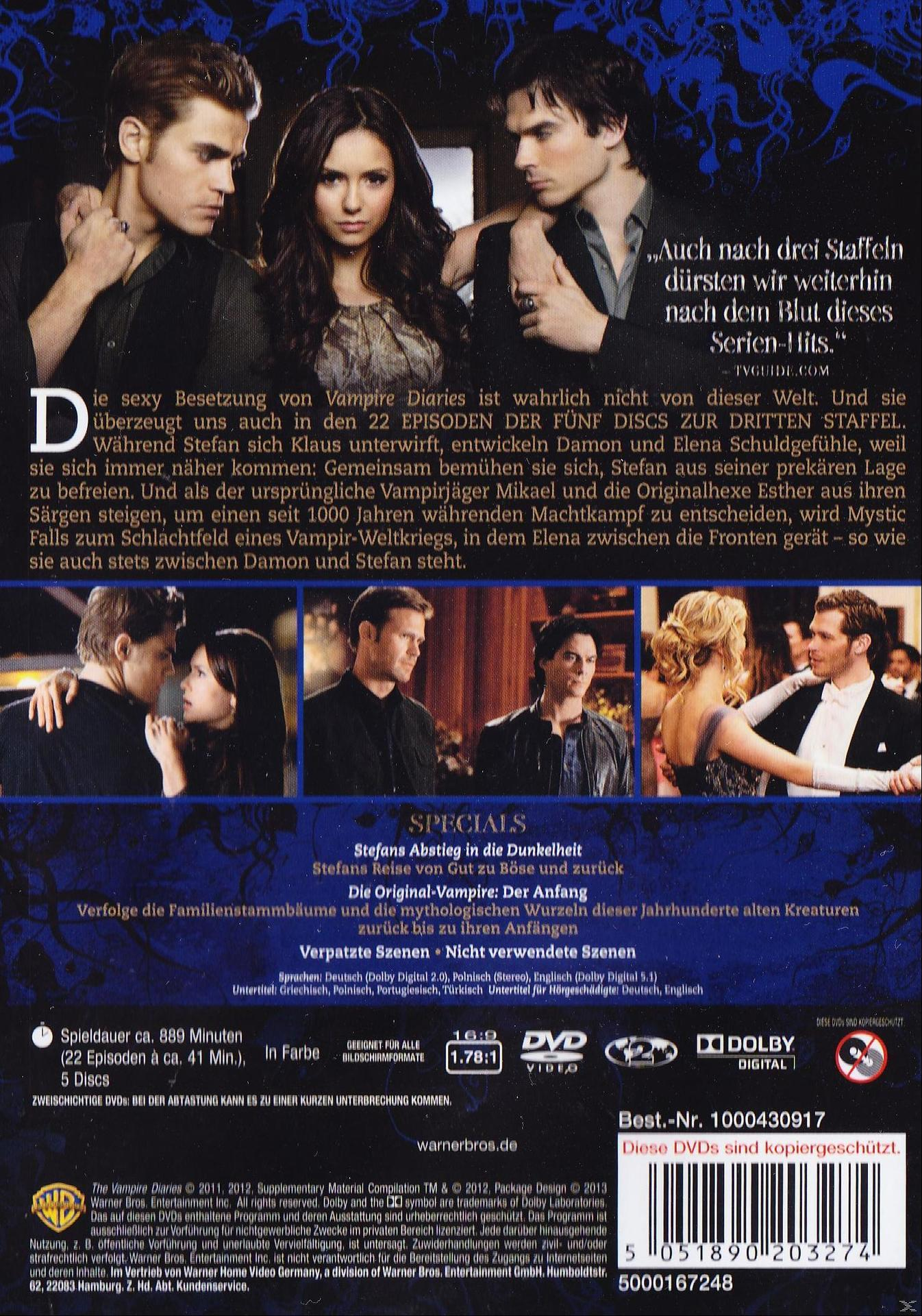 DVD-Cover für Vampire Diaries, mit den Hauptdarstellern und Text auf Deutsch.