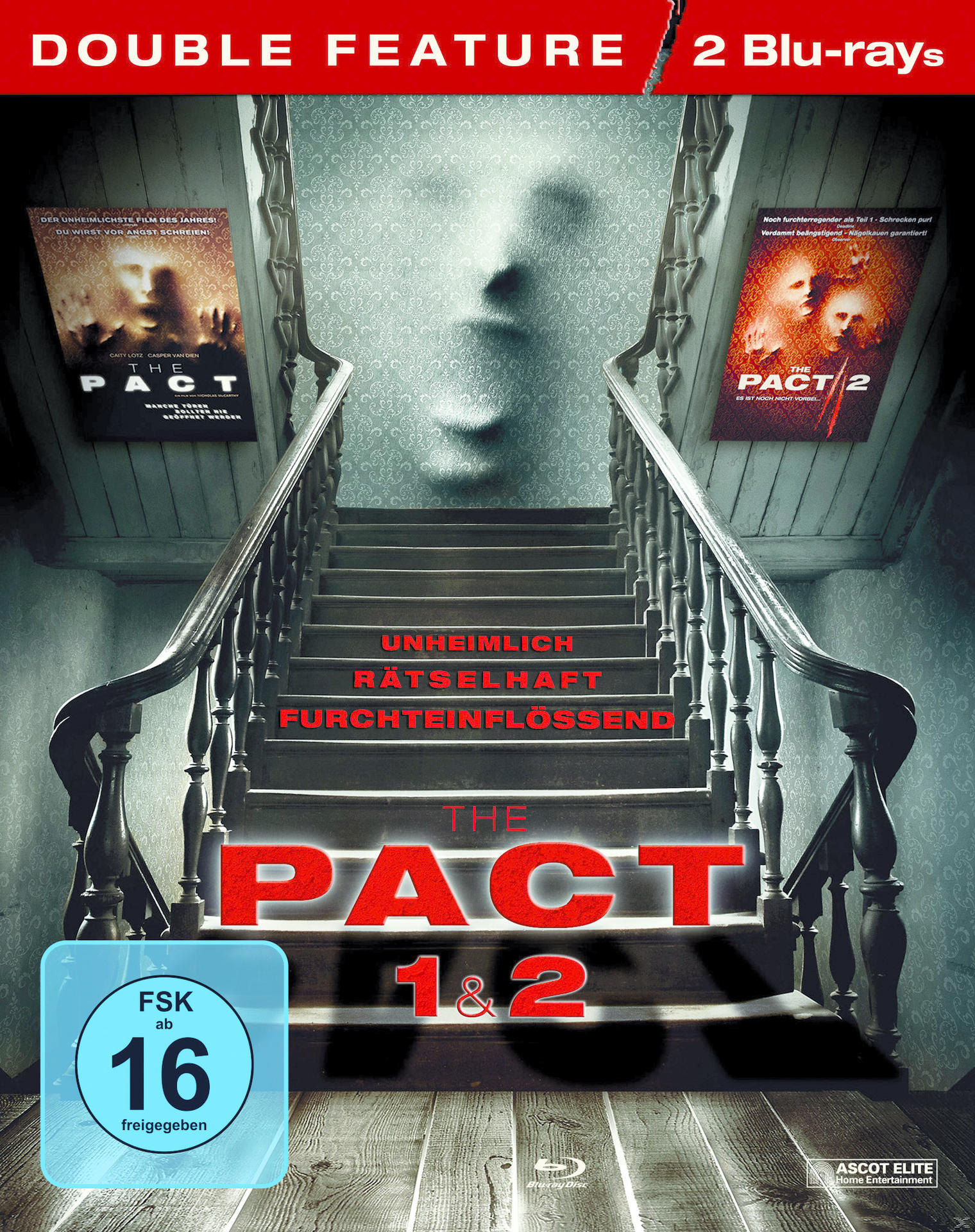 DVD-Cover für "The Pact 1 & 2". Treppe, ein Gesicht und Text über die Filme.