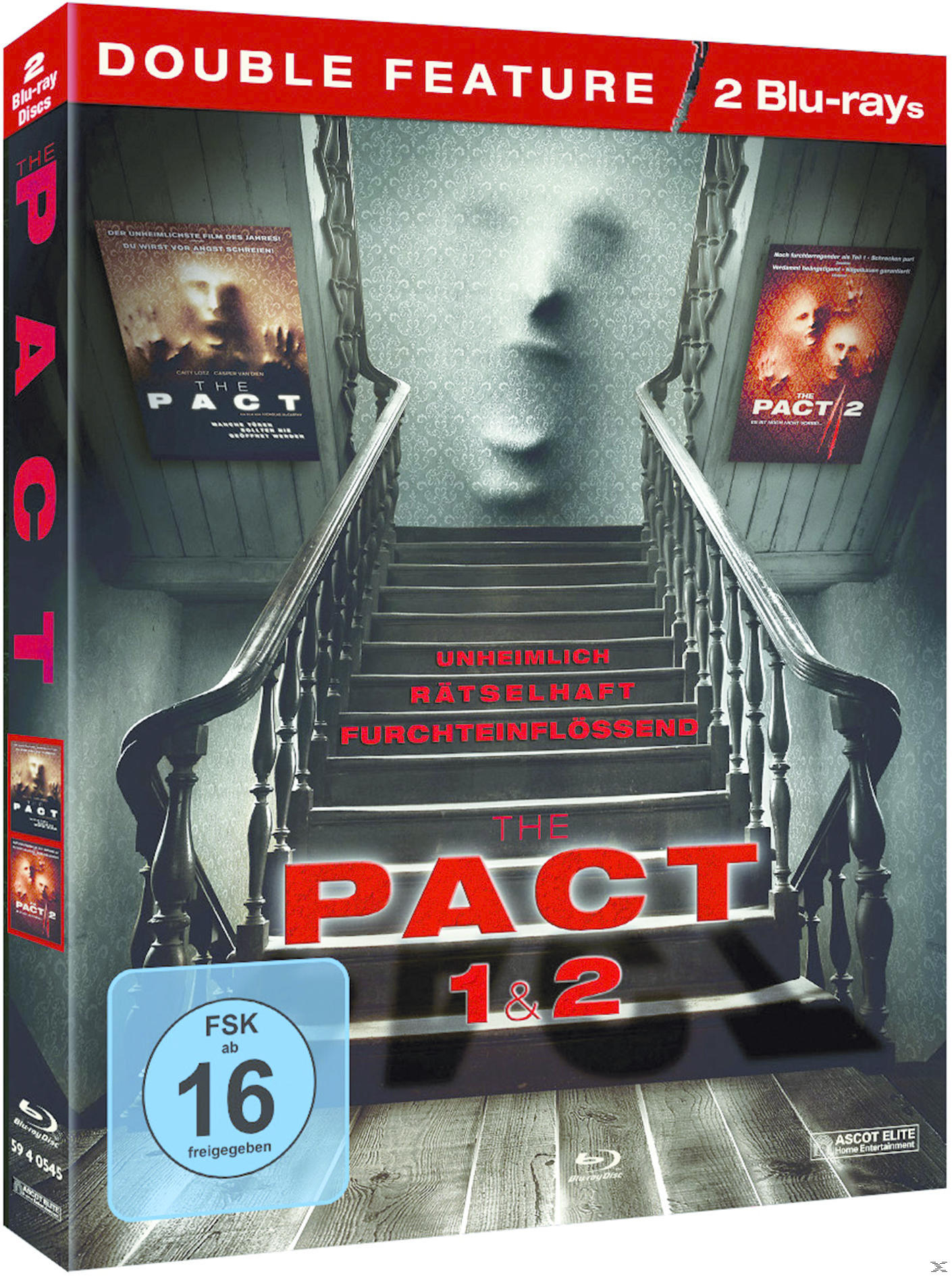 DVD-Cover: 'The Pact 1&2'. Eine Treppe führt zu einem verschwommenen Gesicht. Roter Text dominiert.