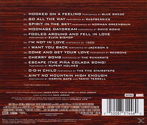 Achterkant van de cd van de Guardians of the Galaxy-soundtrack. Tracklist op houten achtergrond met credits.