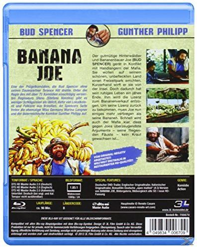 Rückseite einer Blu-ray Disc-Hülle von 'Banana Joe' mit Bildern des Films und Text.