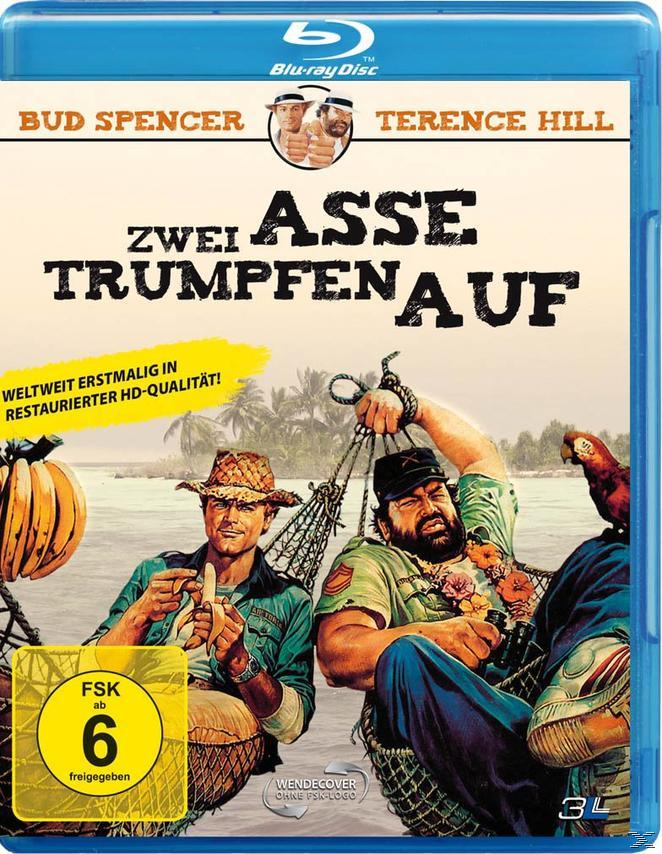 Blu-ray-Cover für 'Zwei Asse trumpfen auf'. Zwei Männer auf einem Boot, Filmdetails und ein Papagei.
