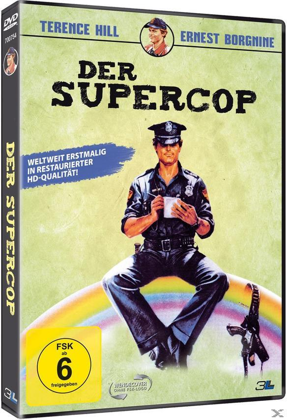 DVD-Cover von Der Supercop, mit Terence Hill und Ernest Borgnine, ein Polizist sitzt auf Regenbogen.