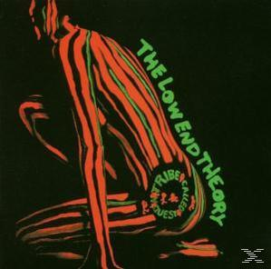 Albumcover: A Tribe Called Quest, The Low End Theory. Gestreifte Figur, grüner Text auf schwarzem Hintergrund.