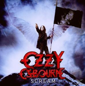 Ozzy Osbourne steht auf einem Sockel und hält eine Flagge. Das Logo der Band befindet sich unten.