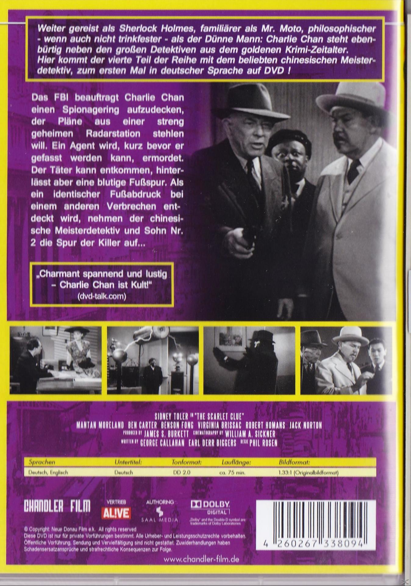 DVD-Cover eines Films mit einer Gruppe von Männern in Anzügen und Hüten. Es ist auf Deutsch und der Titel ist The Scarlet Clue.