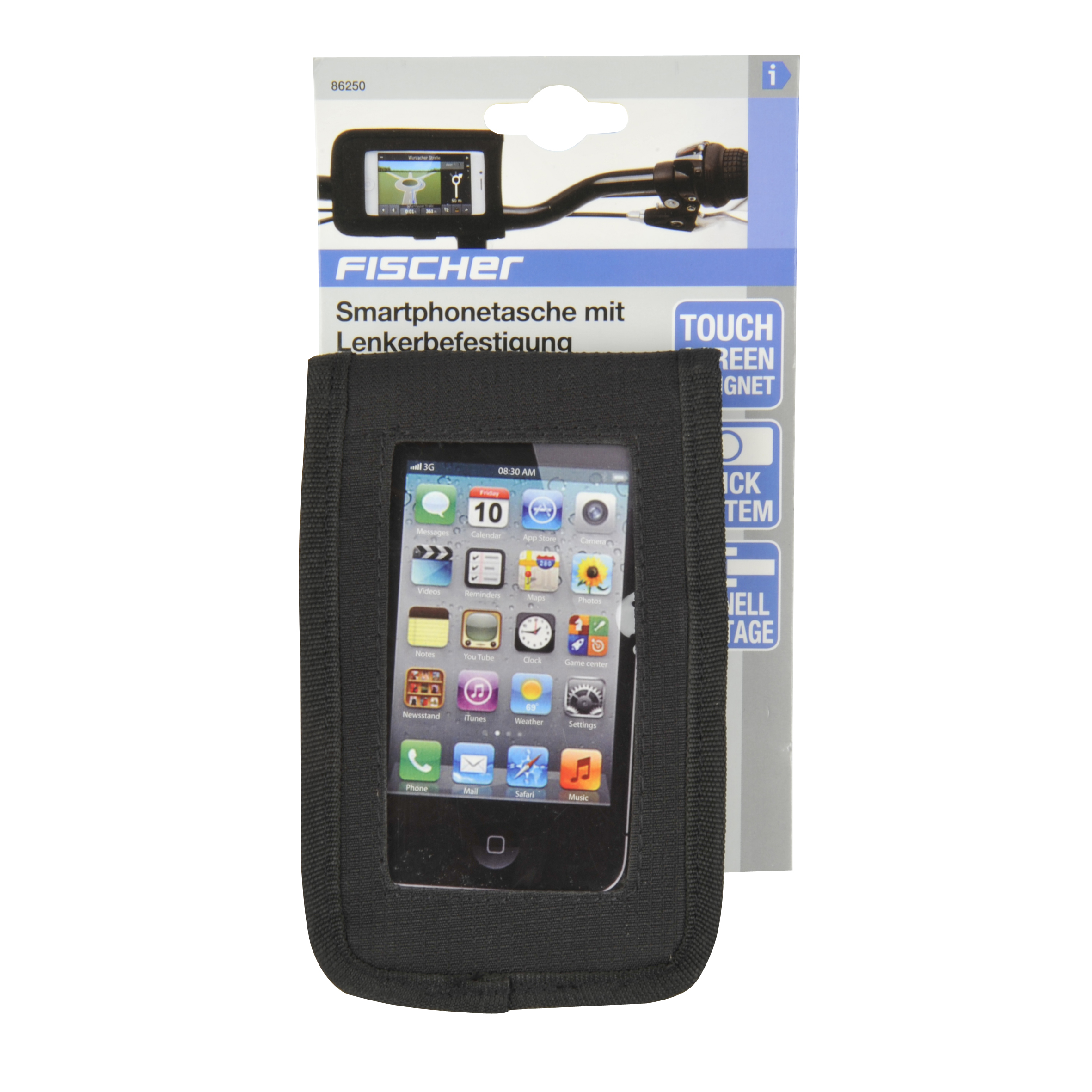 Eine schwarze Handytasche mit einem iPhone, das Apps anzeigt, und einer Lenkerhalterung auf weißem Hintergrund.
