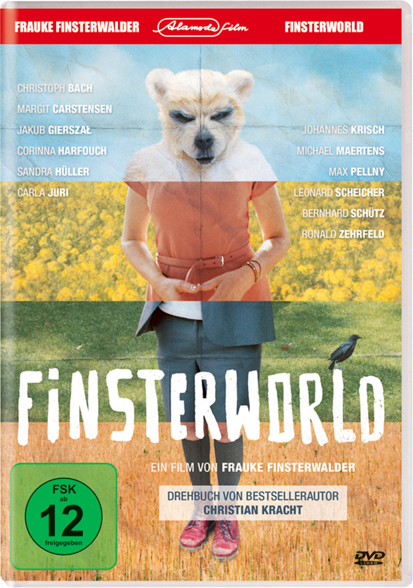 Filmposter: Frau-Hund-Hybrid auf Feld, Filmtitel 'Finsterworld'.