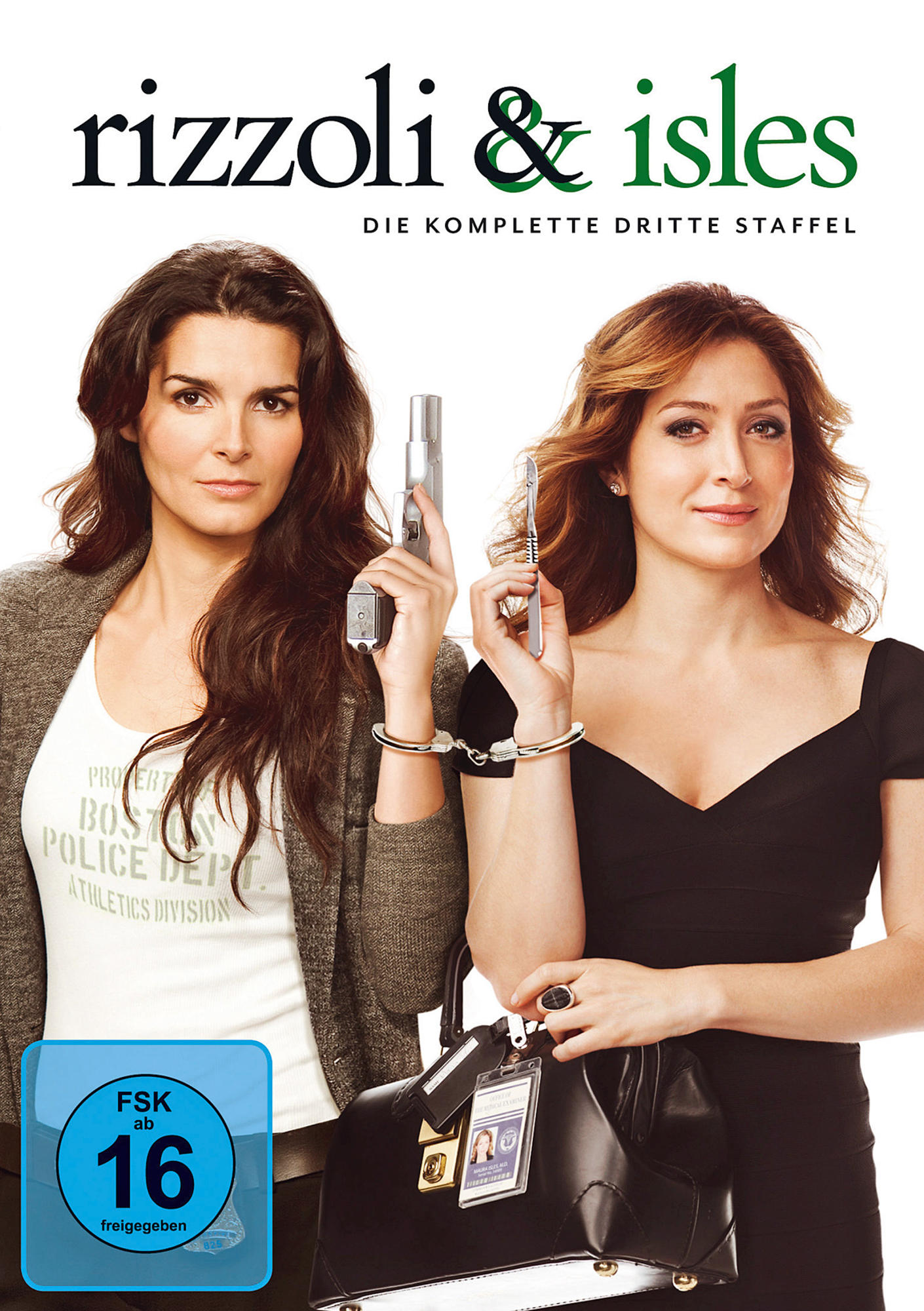 Zwei Frauen aus der Serie Rizzoli & Isles, eine mit einer Pistole und die andere mit Stift und Handschellen, schwarze Tasche.