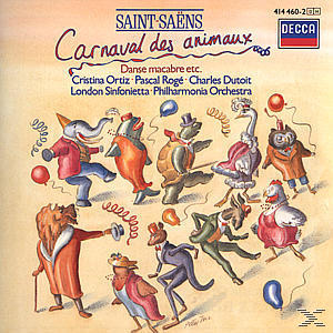Album borító rajzolt állatokkal jelmezben, táncolva. Szöveg: Saint-Saëns, Állatok karneválja.