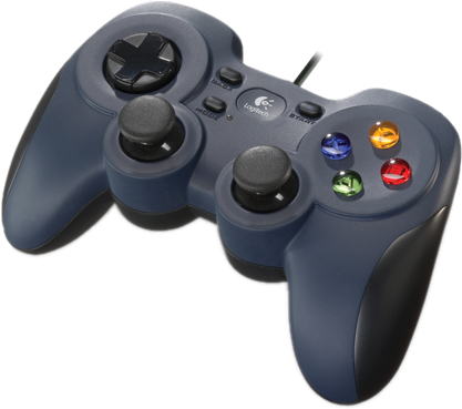 Sötétkék Logitech gamepad. Különböző gombok és két analóg kar található rajta.