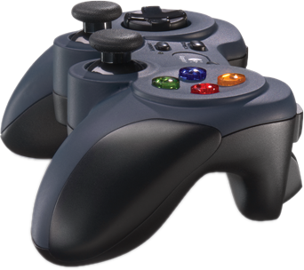 Egy sötétszürke gamepad színes gombokkal és két joystickkal.