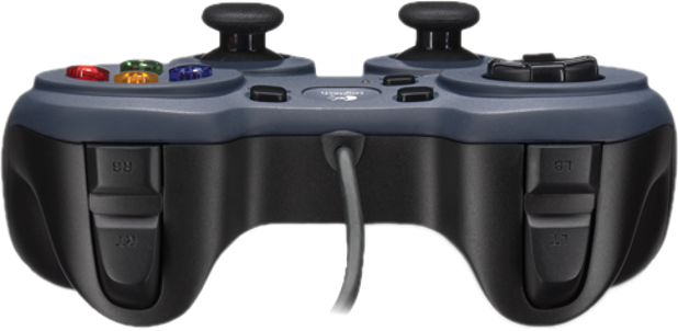 Egy sötétkék Logitech gamepad szürke kábellel.