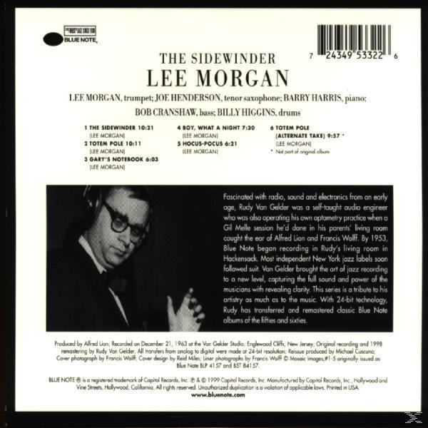 Lee Morgan Album-Rückseite, Schwarzweißfoto eines Mannes mit Brille. Titelliste und Text werden ebenfalls gezeigt.