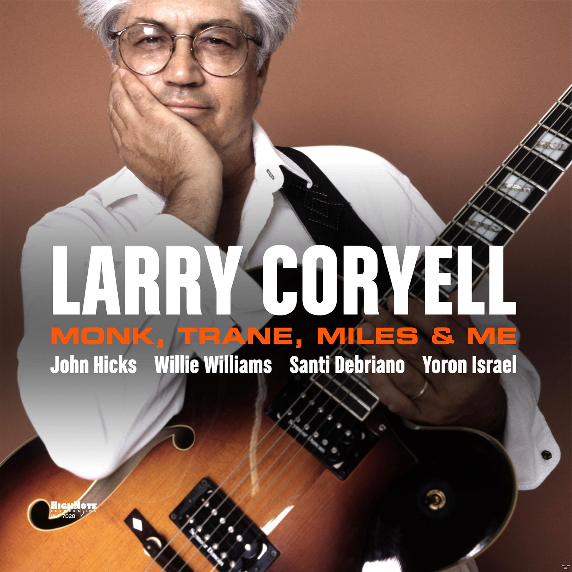Albumcover: Mann mit Brille hält Gitarre. Text: Larry Coryell, Monk, Trane, Miles & Me.