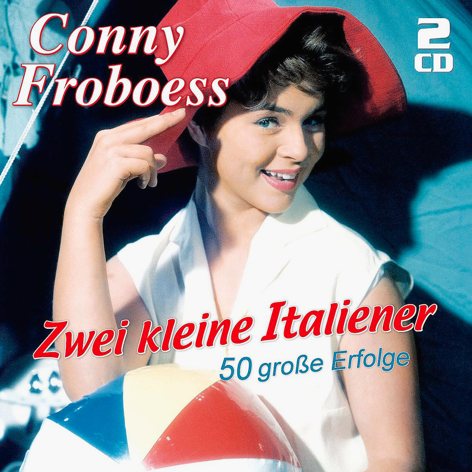 Albumcover mit Conny Froboess, rotem Hut und Strandball. Text: 'Zwei kleine Italiener'.