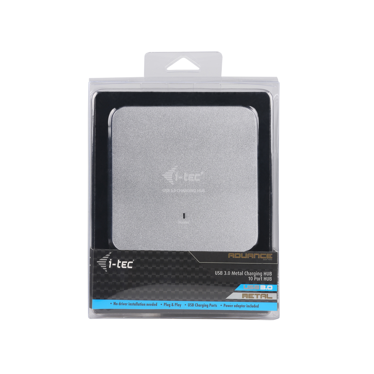 Silberner quadratischer USB 3.0 Metall-Lade-Hub in einer durchsichtigen Plastikbox. Schwarz-silbernes Etikett.