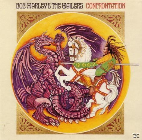 Albumcover: Bob Marley & The Wailers, Confrontation. Ein Drache und ein Ritter auf einem Pferd.