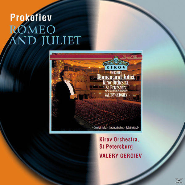 Prokofjev Rómeó és Júlia CD-borítója. Egy karmestert, a Kirov Orchestrát és a balett címét ábrázolja.