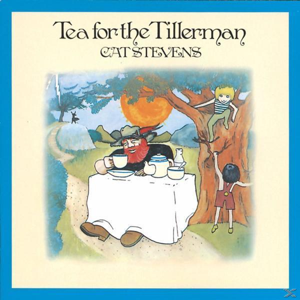 Illustration eines Mannes am Tisch, zwei Kinder klettern auf einen Baum. Text: Tea for the Tillerman.
