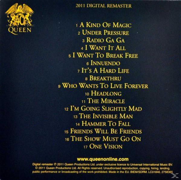 Queen-Albumcover. Schwarzer Hintergrund, Titelliste, Bandlogo. Text: "2011 DIGITAL REMASTER".