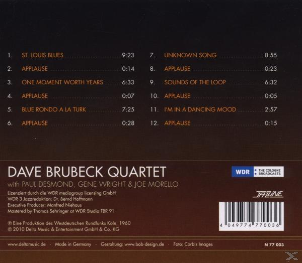 Rückseite des Dave Brubeck Quartet Albums mit Titelliste, Mitwirkenden und Barcode auf dunklem Grund.
