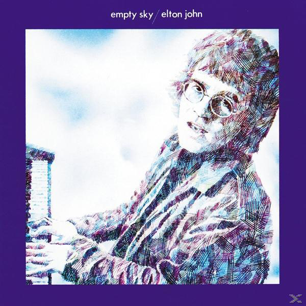 Elton John Porträt beim Klavierspielen, blau-weißer strukturierter Hintergrund, Albumcover.