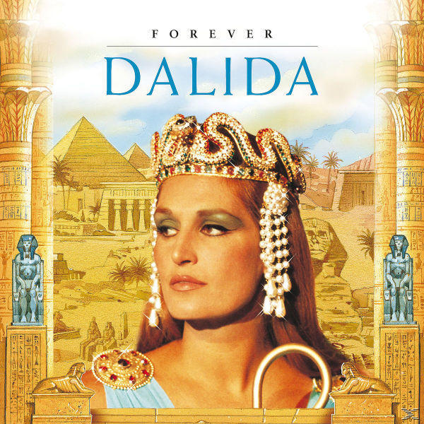 Dalida Albumcover. Frau mit goldener Krone, ägyptische Szenerie im Hintergrund, Pyramiden und Säulen.