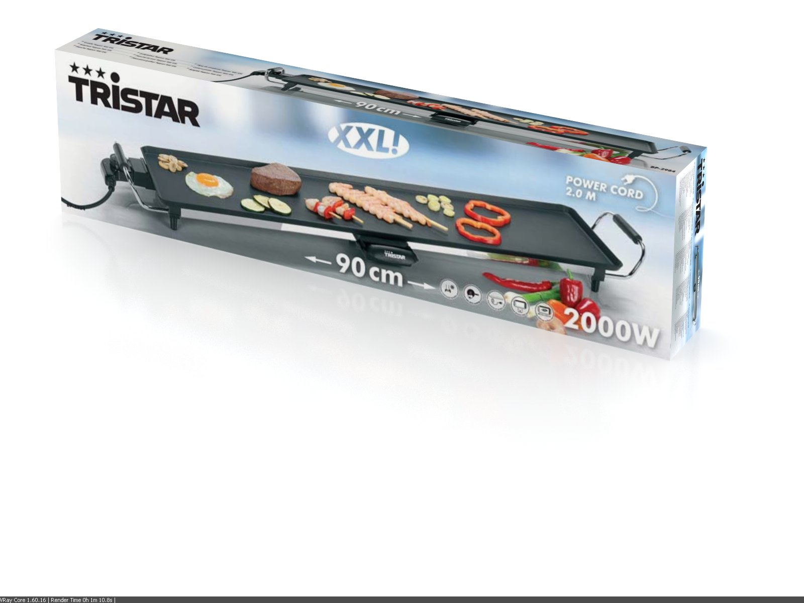Witte en grijze Tristar XXL grilldoos, met voedselillustraties en een stroomkabelafbeelding.