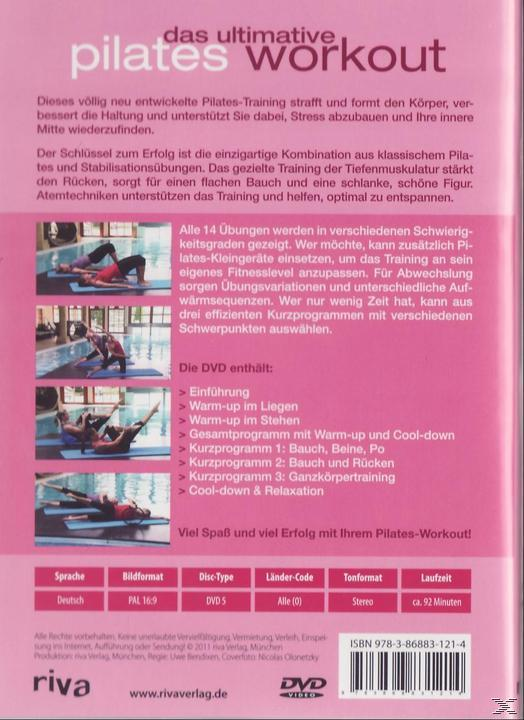 Rückseite einer Pilates-DVD. Zeigt Bilder von Übungen und eine Liste der Übungen. Text auf Deutsch.